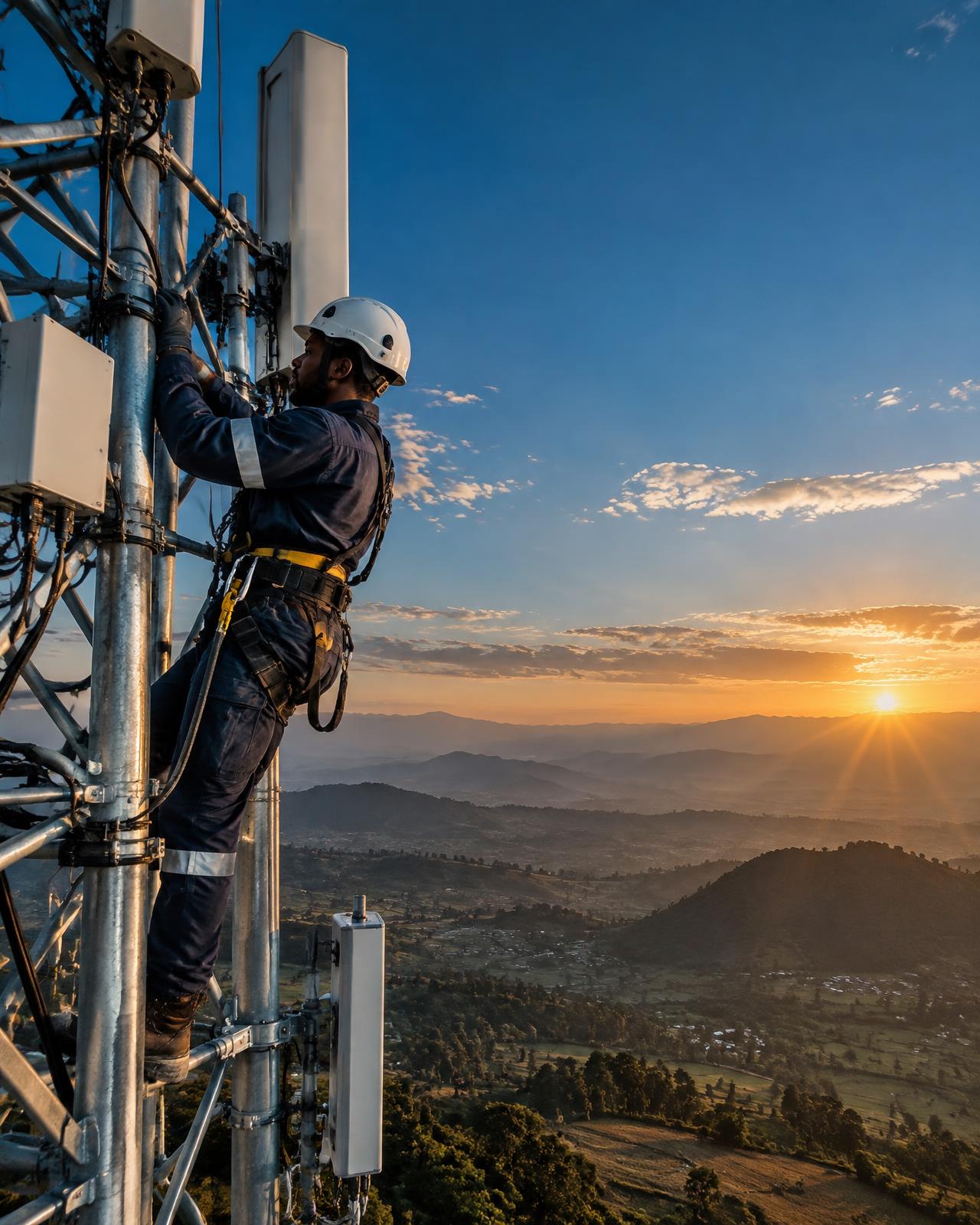 Representative image: engineer in a safety harness working on a telecom tower